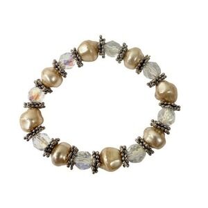 Beaded Stretch Bracelet Gold Faux Pearl Iridescent Crystal Silver Boho